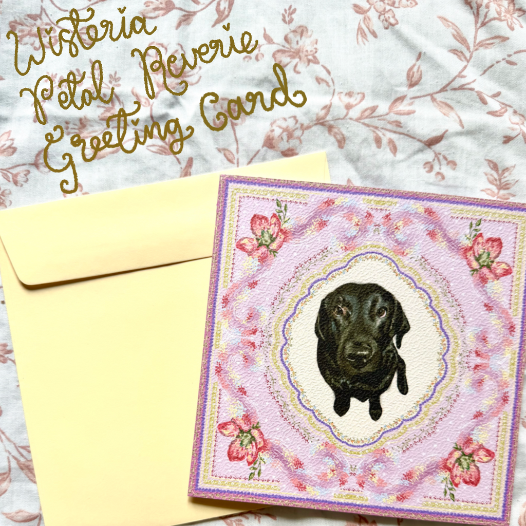 "Wisteria Petal Reverie" Black Labrador Greeting Card