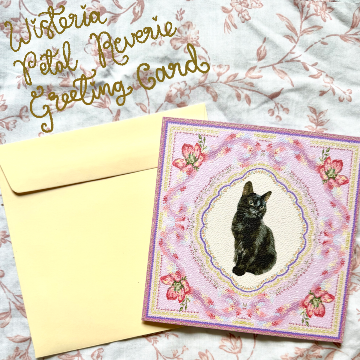 "Wisteria Petal Reverie" Black Domestic Shorthair Cat Greeting Card