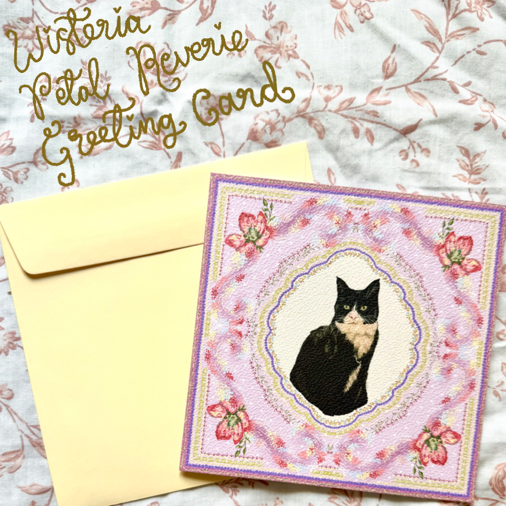 "Wisteria Petal Reverie" Black & White Tuxedo Domestic Shorthair Cat Greeting Card