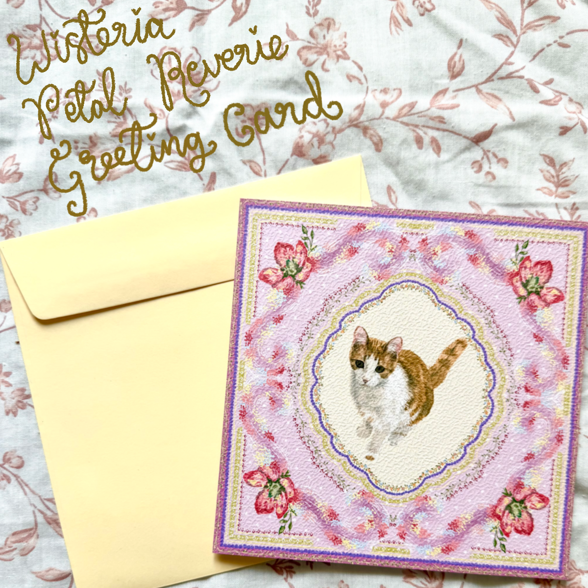 "Wisteria Petal Reverie" Ginger & White Domestic Shorthair Cat Greeting Card