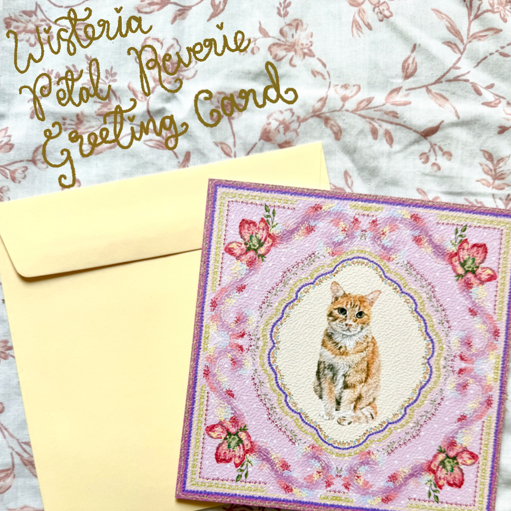 "Wisteria Petal Reverie" Orange Domestic Shorthair Cat Greeting Card
