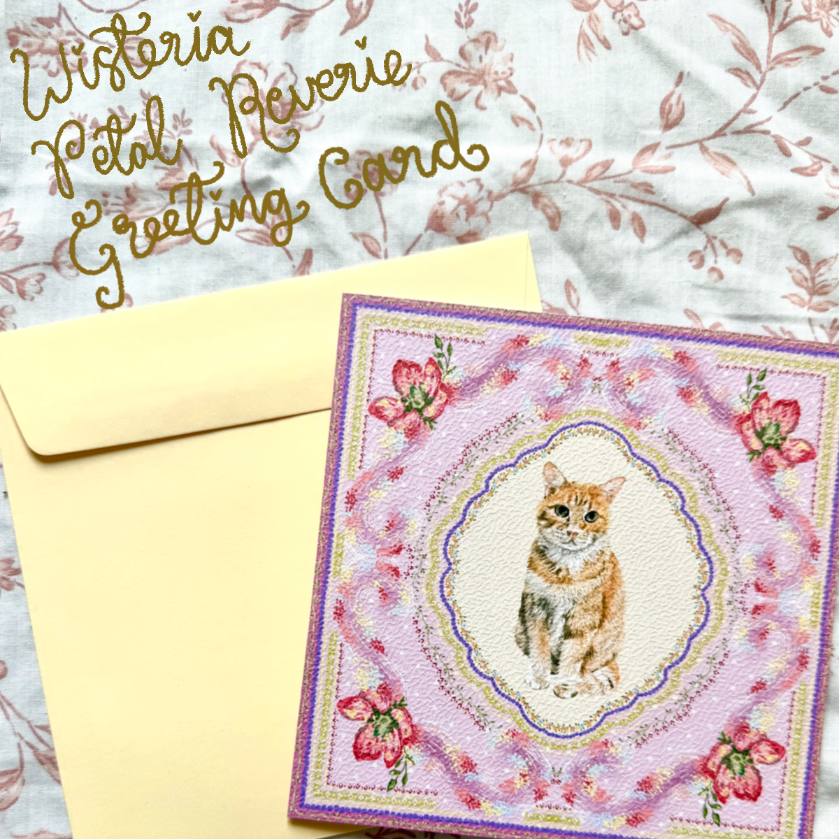"Wisteria Petal Reverie" Orange Domestic Shorthair Cat Greeting Card