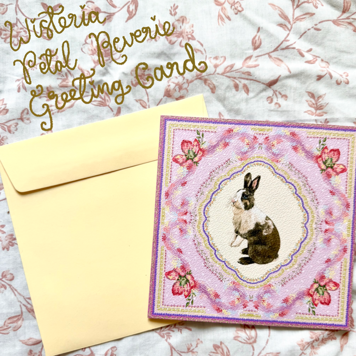 "Wisteria Petal Reverie" Chocolate & White Dutch Rabbit Greeting Card