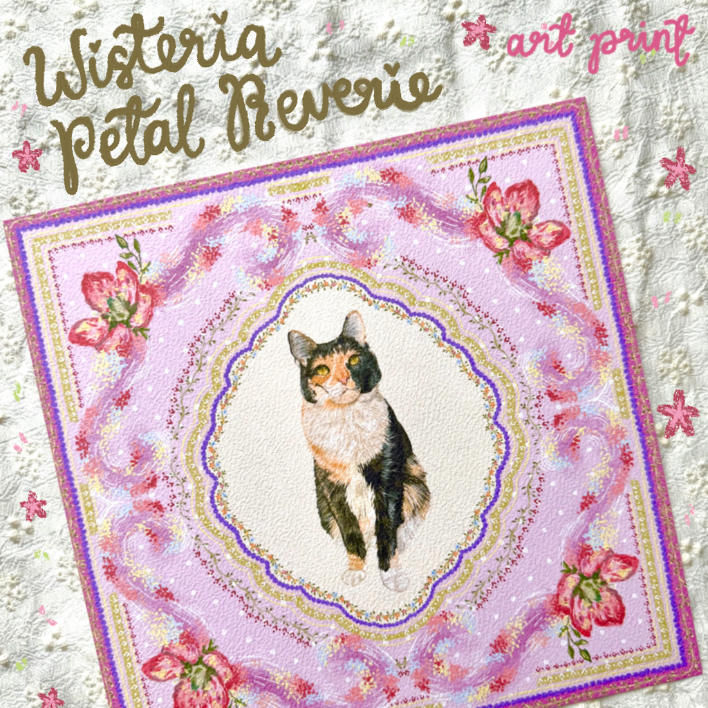 "Wisteria Petal Reverie" Black, White & Orange Calico Domestic Shorthair Cat #2 Art Print