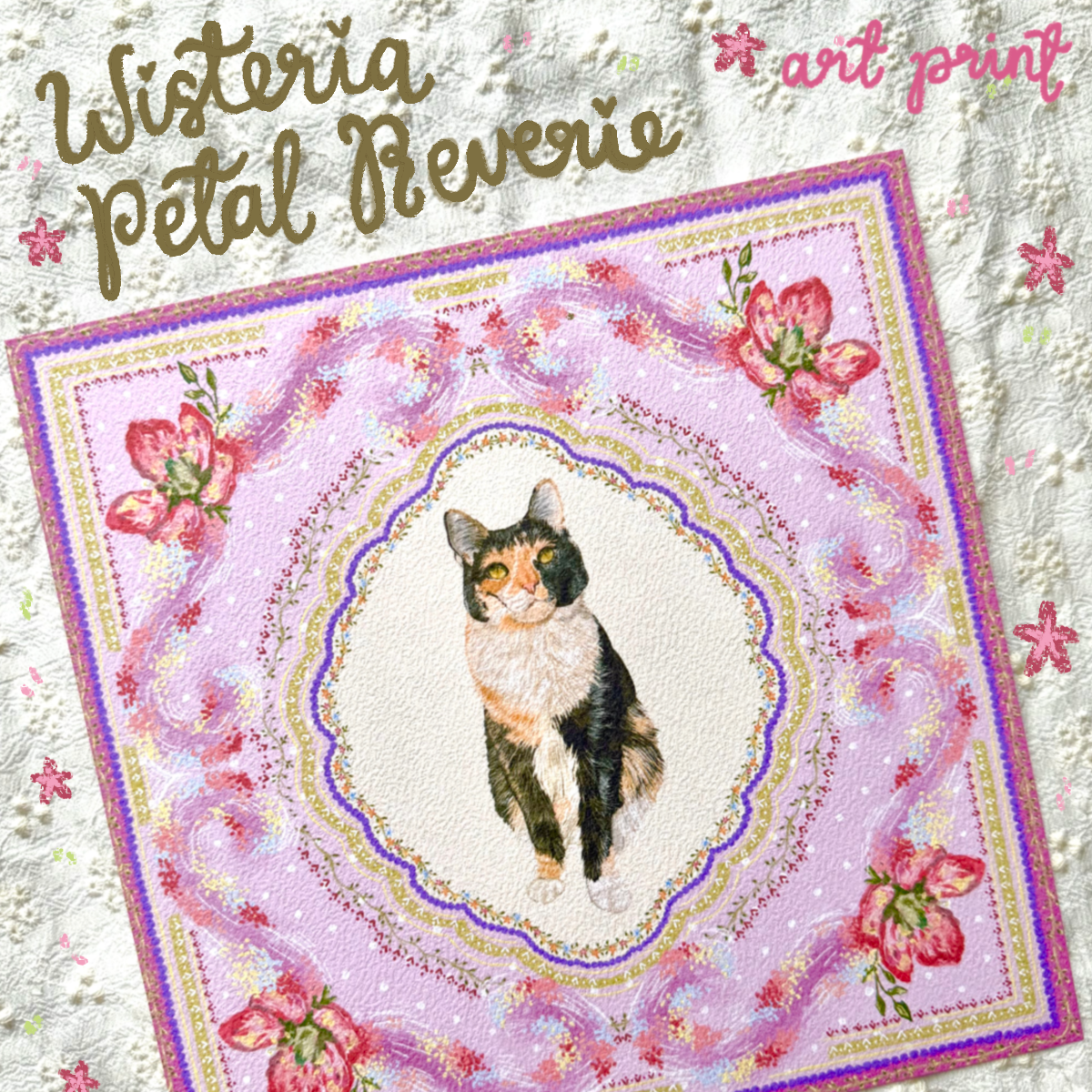 "Wisteria Petal Reverie" Black, White & Orange Calico Domestic Shorthair Cat #2 Art Print