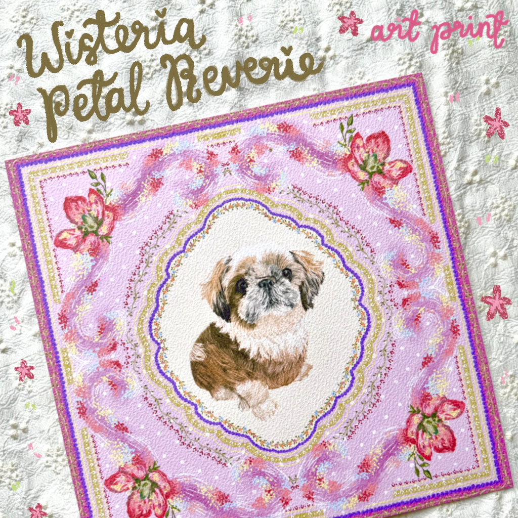 "Wisteria Petal Reverie" Gold & White Shih Tzu Art Print