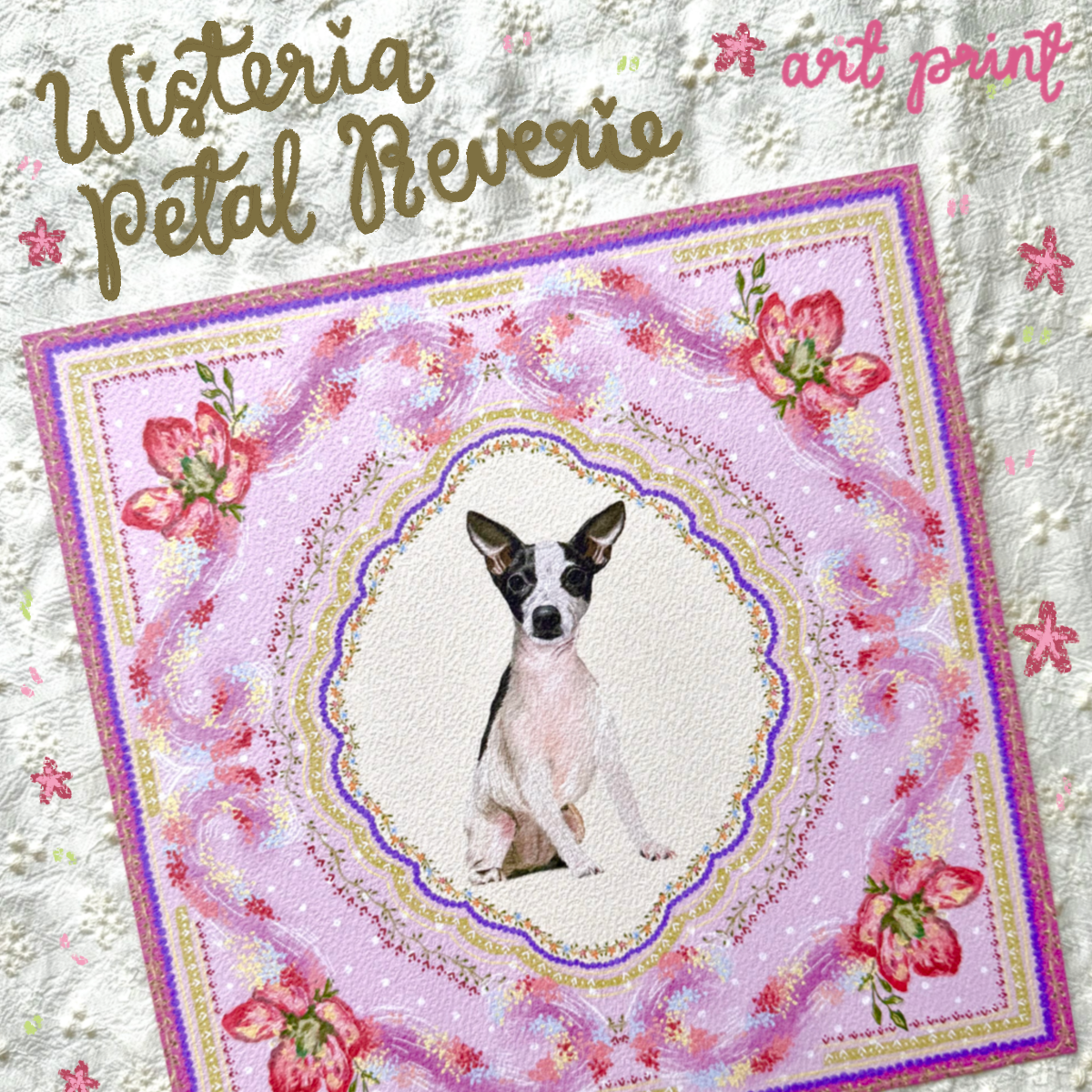 "Wisteria Petal Reverie" Black & White Smooth-Haired Chihuahua Art Print