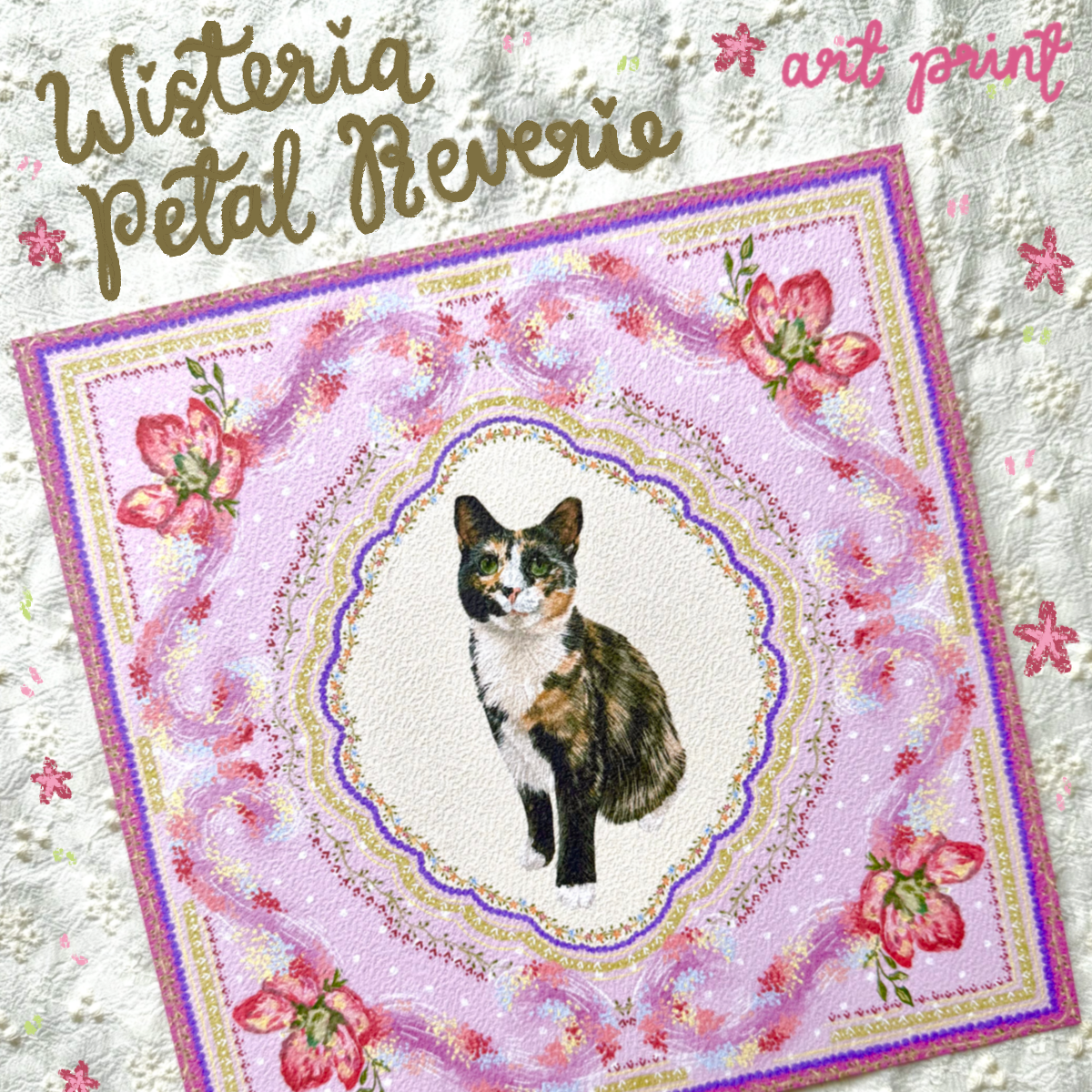 "Wisteria Petal Reverie" Black, White & Orange Calico Domestic Shorthair Cat Art Print