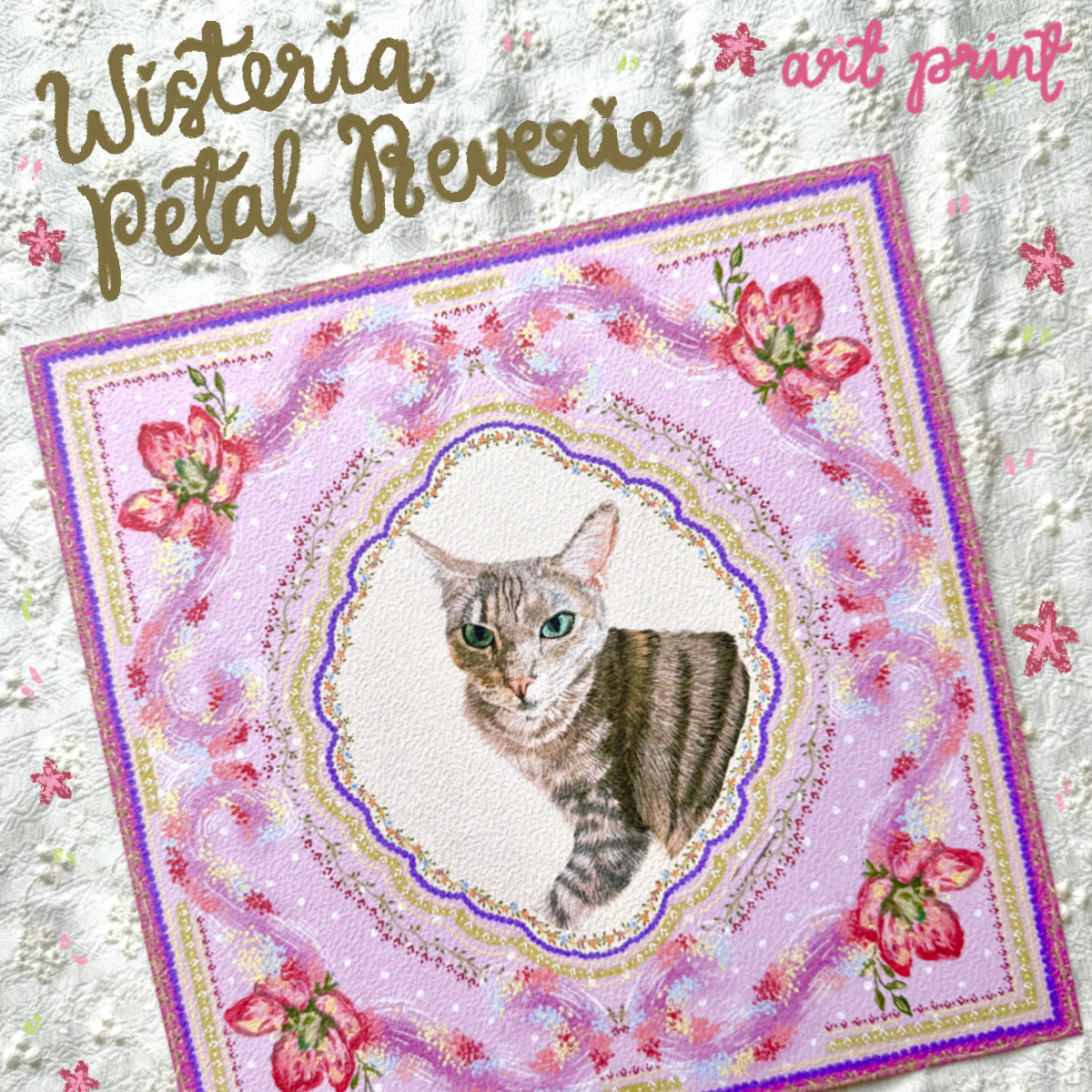 "Wisteria Petal Reverie" Brown Mackerel Domestic Shorthair Cat Art Print