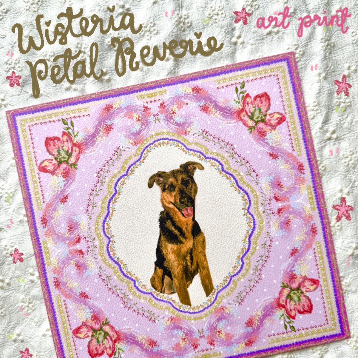 "Wisteria Petal Reverie" Black & Tan German Shepherd Mix Art Print