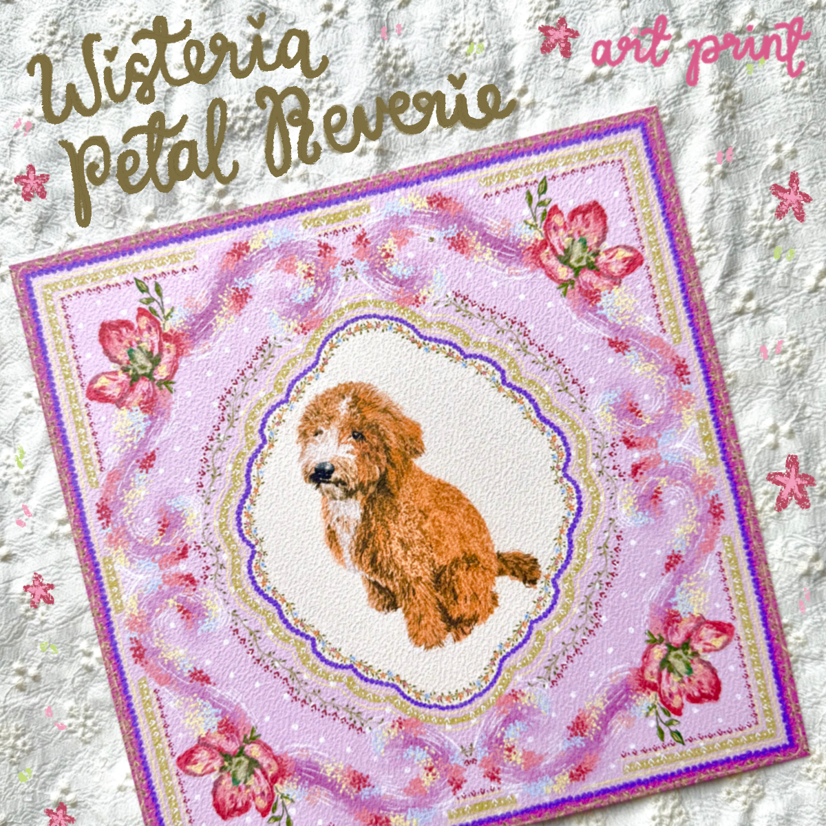 "Wisteria Petal Reverie" Apricot & White Goldendoodle Art Print
