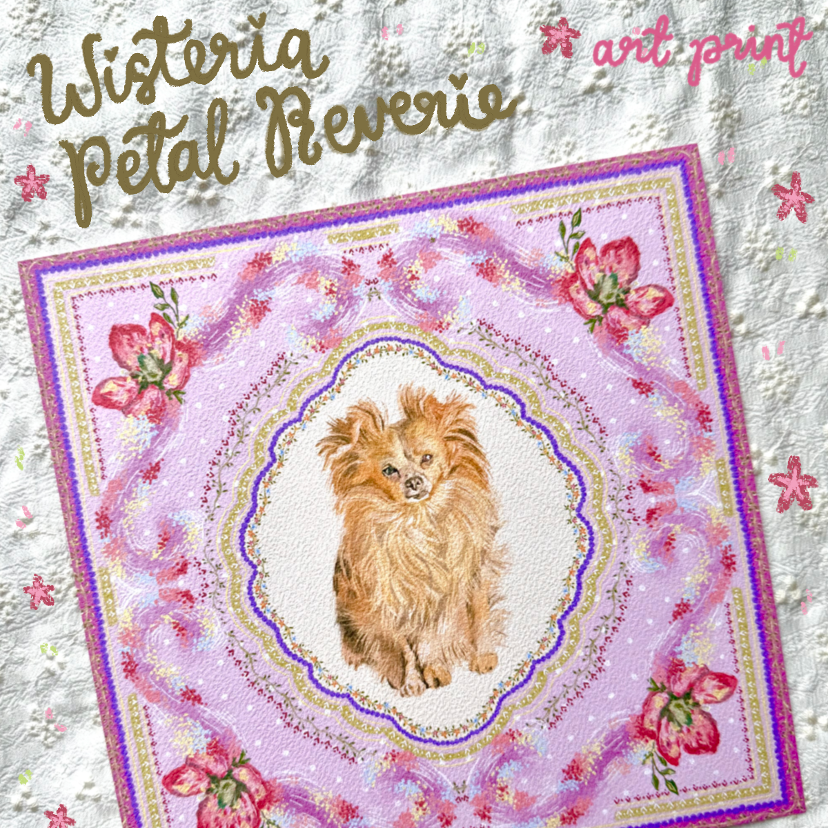 "Wisteria Petal Reverie" Cream Long-Haired Chihuahua Art Print