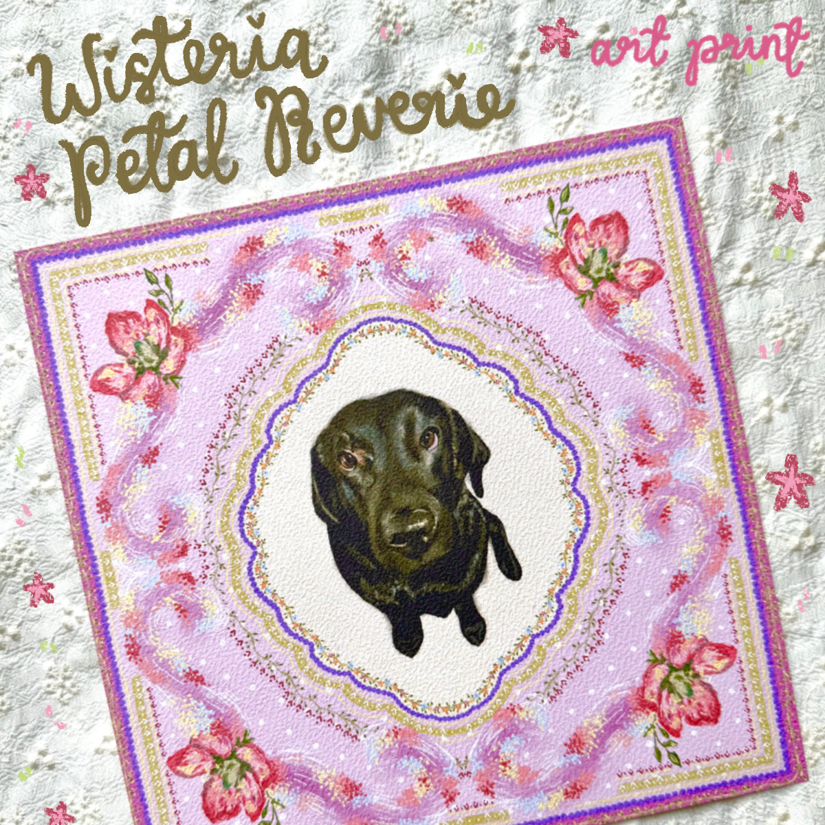 "Wisteria Petal Reverie" Black Labrador Retriever Art Print