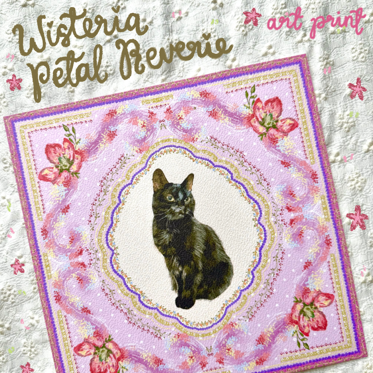 "Wisteria Petal Reverie" Black Domestic Shorthair Cat Art Print