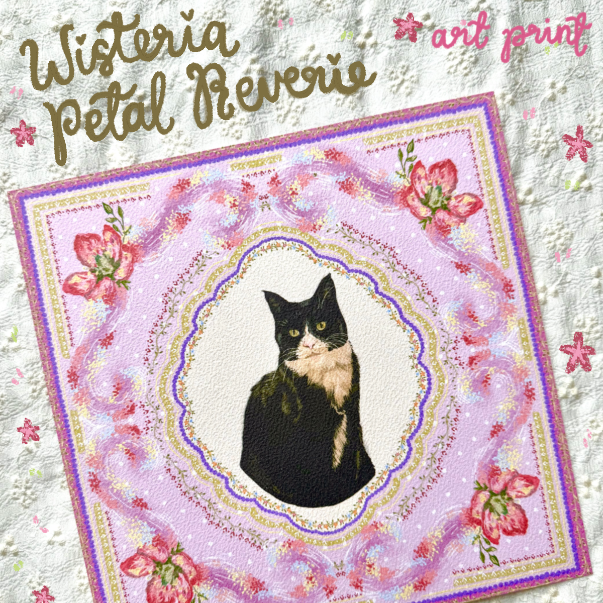 "Wisteria Petal Reverie" Black & White Tuxedo Domestic Shorthair Cat Art Print