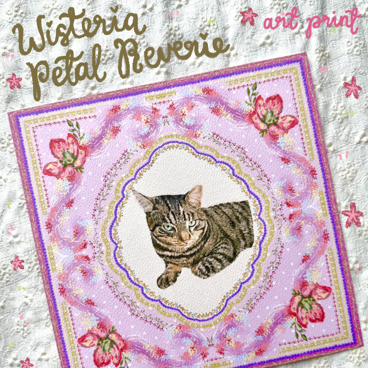 "Wisteria Petal Reverie" Brown Tabby Domestic Shorthair Cat Art Print