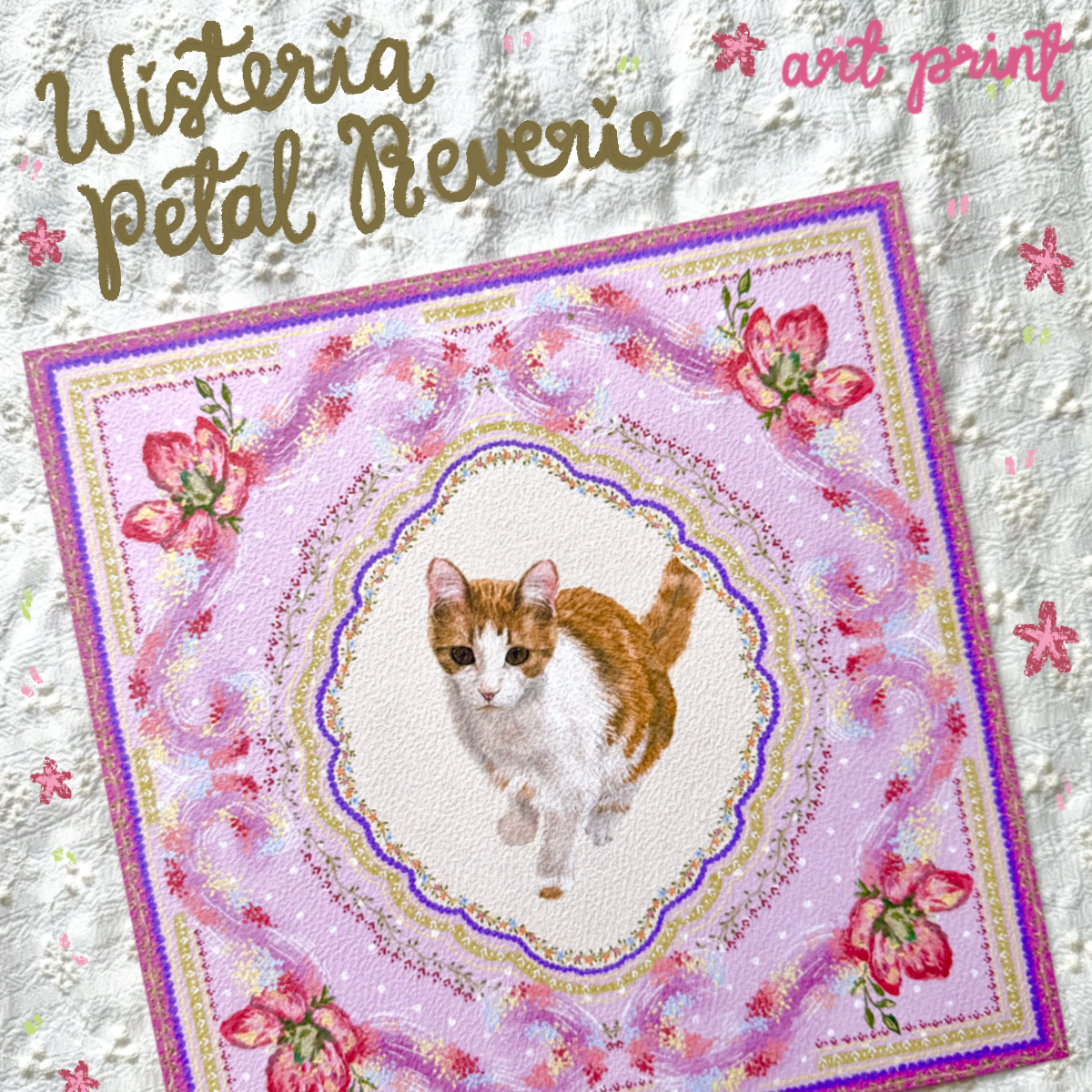 "Wisteria Petal Reverie" Ginger & White Tabby Domestic Shorthair Cat Art Print