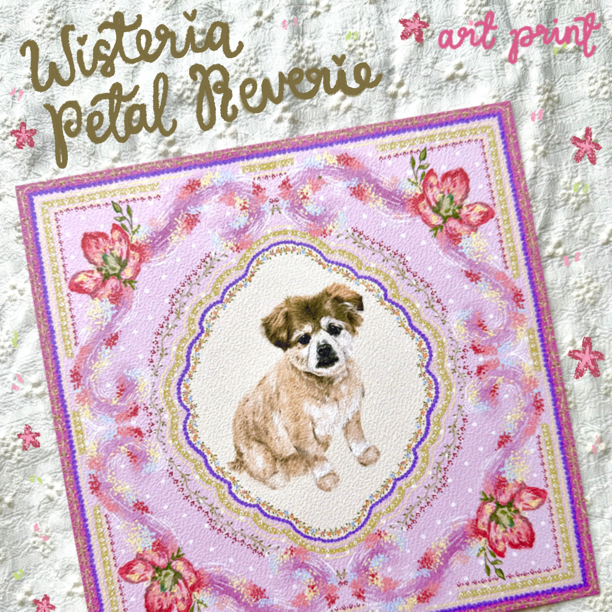 "Wisteria Petal Reverie" Cream & Tan Shiranian (Pomeranian x Shih Tzu) Art Print
