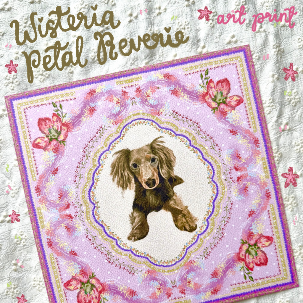 "Wisteria Petal Reverie" Chocolate Dapple Long-Haired Dachshund Art Print