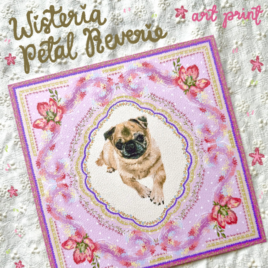 "Wisteria Petal Reverie" Fawn Pug Art Print