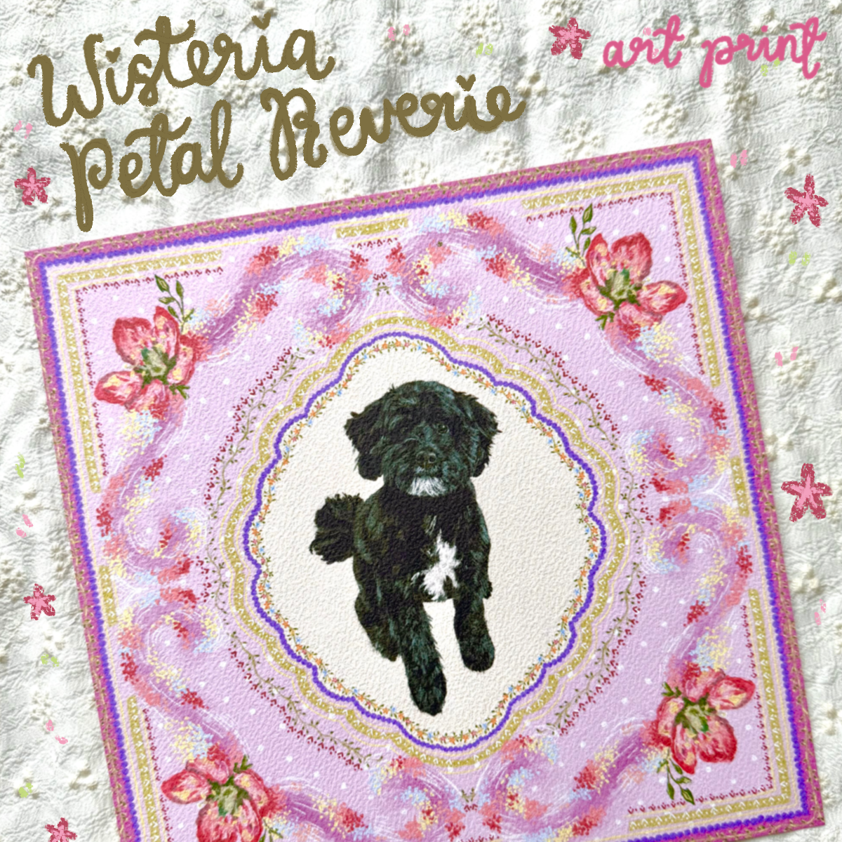"Wisteria Petal Reverie" Black & White Shih-Poo (Shih Tzu x Poodle) Art Print