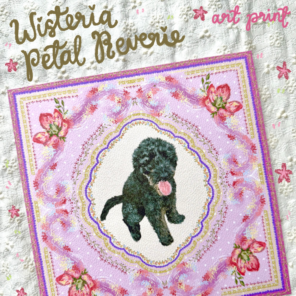 "Wisteria Petal Reverie" Black Labradoodle Art Print