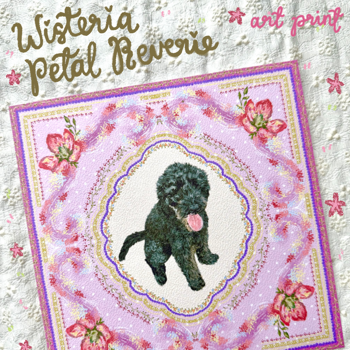"Wisteria Petal Reverie" Black Labradoodle Art Print