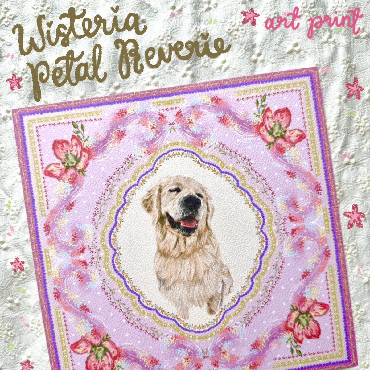 "Wisteria Petal Reverie" English Cream Golden Retriever Art Print