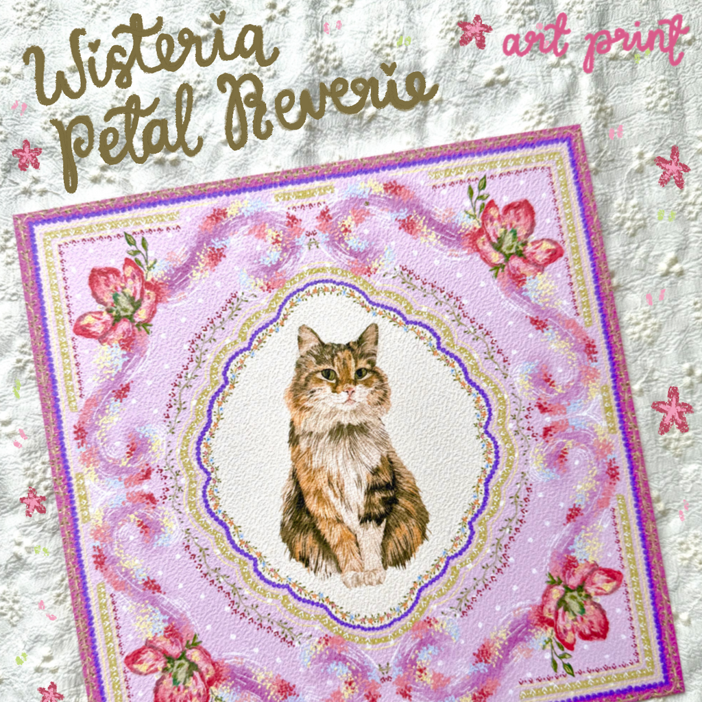 "Wisteria Petal Reverie" Brown Tabby & White Domestic Long-Haired Cat Art Print