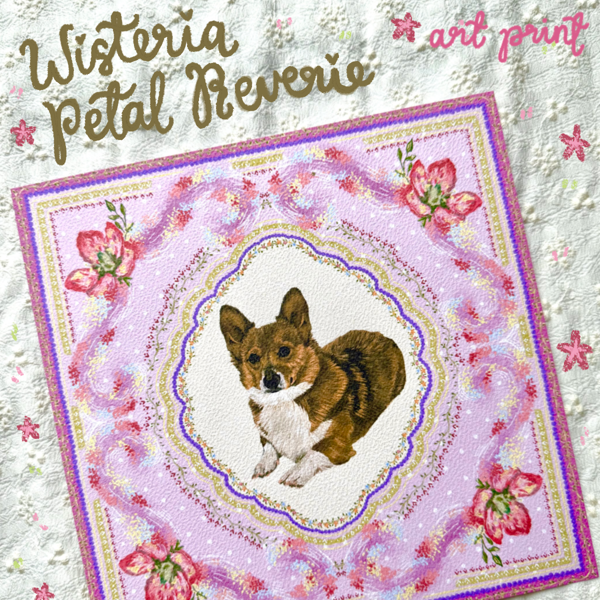 "Wisteria Petal Reverie" Red & White Pembroke Welsh Corgi Art Print