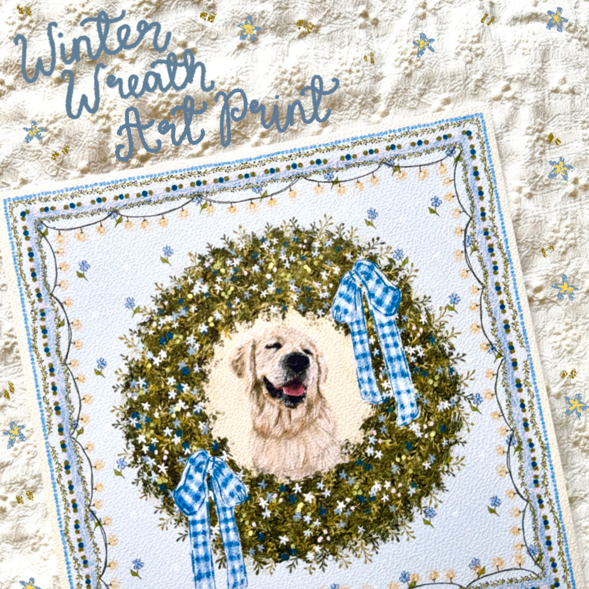"Winter Wreath" English Cream Golden Retriever Christmas Art Print