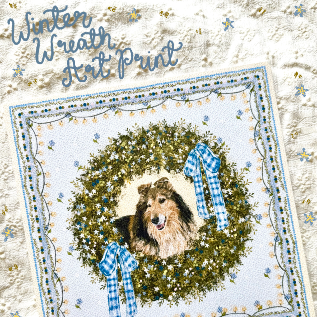 "Winter Wreath" Sable & White Rough Collie Christmas Art Print