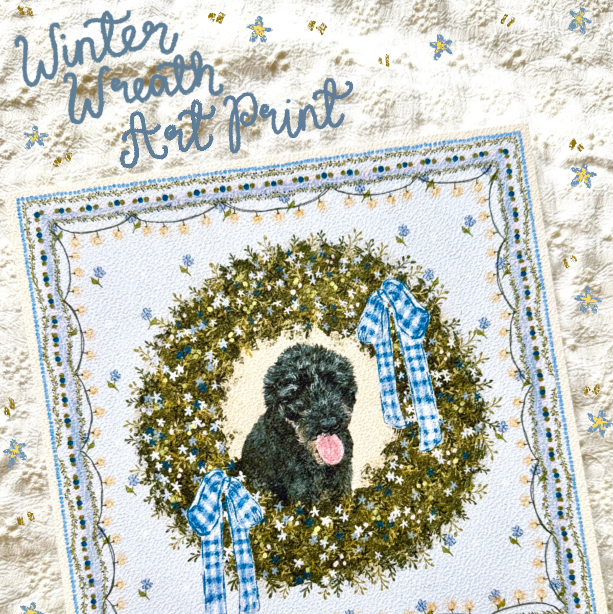 "Winter Wreath" Black Labradoodle Christmas Art Print