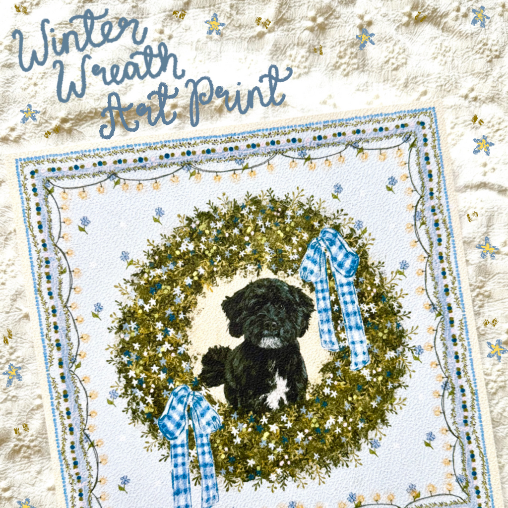 "Winter Wreath" Black & White Shih-Poo (Shih Tzu x Poodle) Christmas Art Print