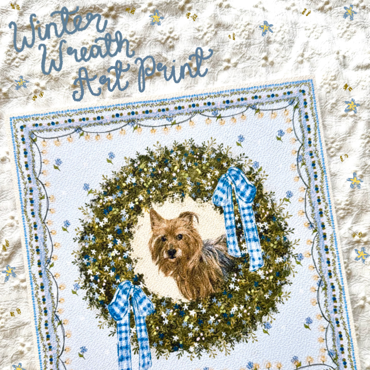 "Winter Wreath" Blue & Tan Yorkshire Terrier Christmas Art Print