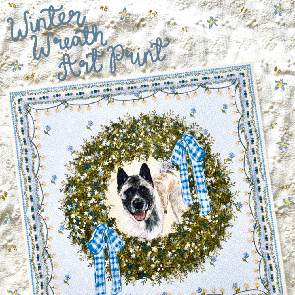 "Winter Wreath" Silver & White (with Black Mask) American Akita Christmas Art Print