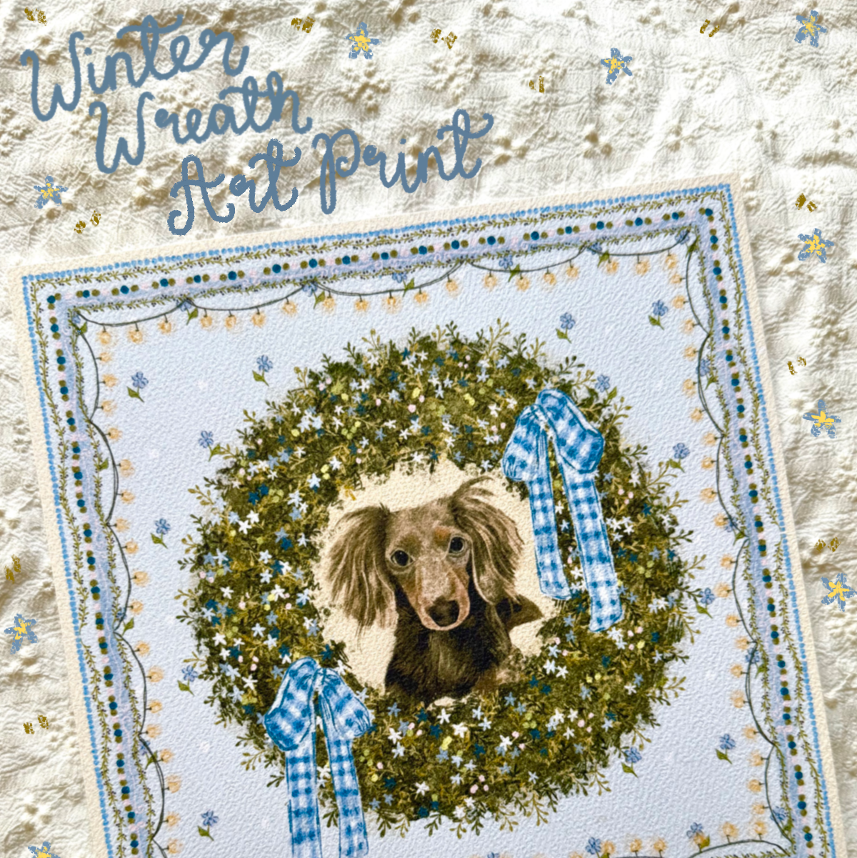 "Winter Wreath" Chocolate Dapple Long-Haired Dachshund Christmas Art Print