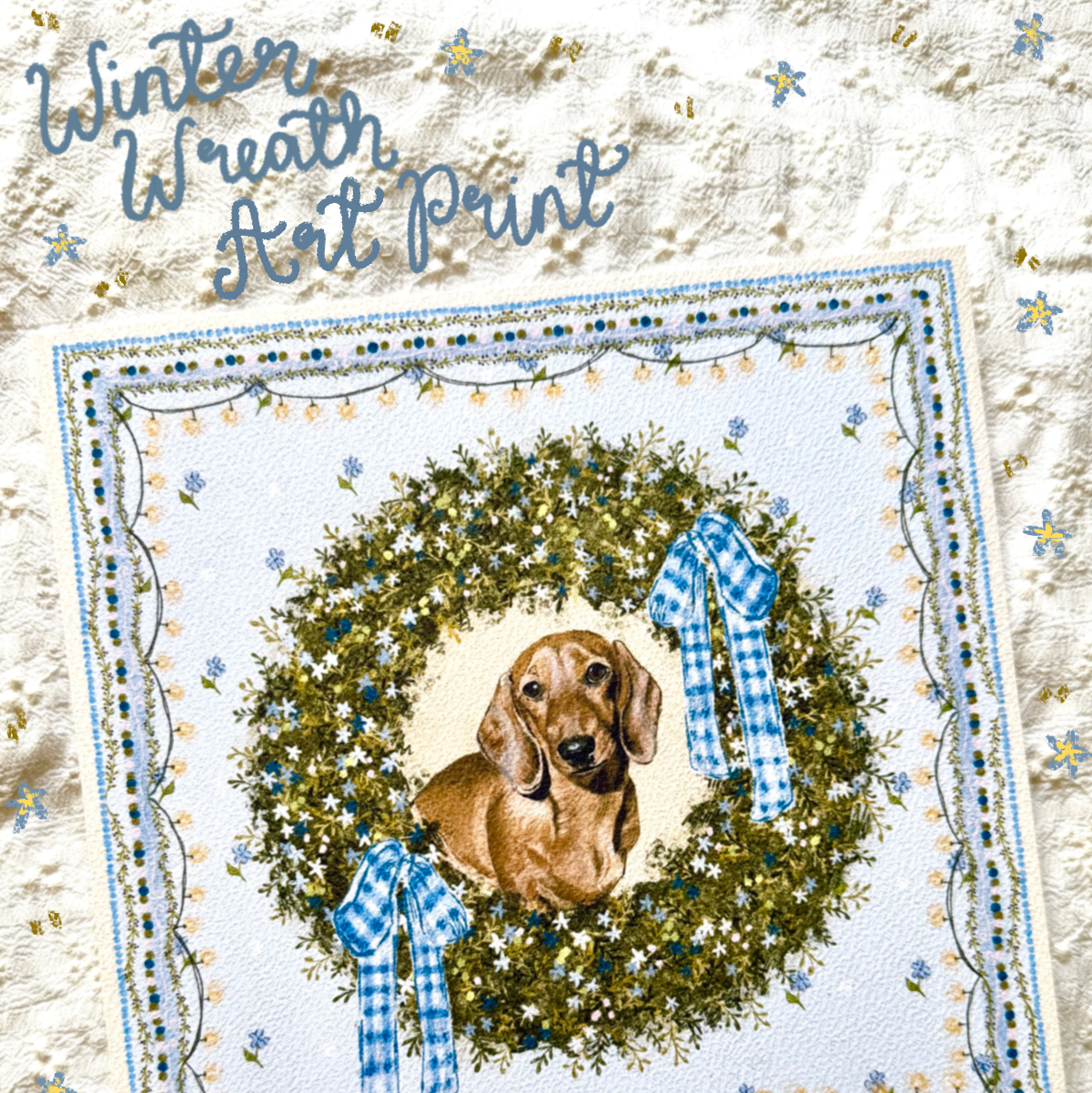 "Winter Wreath" Red Smooth-Haired Dachshund Christmas Art Print
