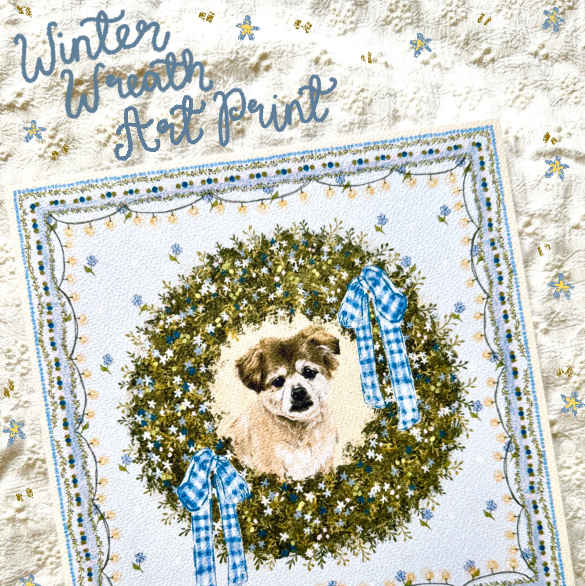"Winter Wreath" Cream & Tan Shiranian (Pomeranian x Shih Tzu) Christmas Art Print