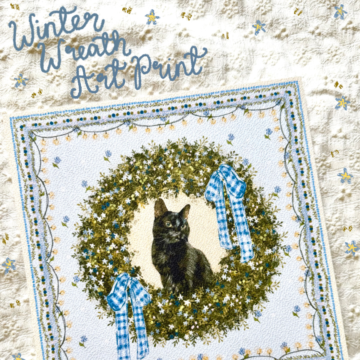 "Winter Wreath" Black Domestic Shorthair Cat Christmas Art Print