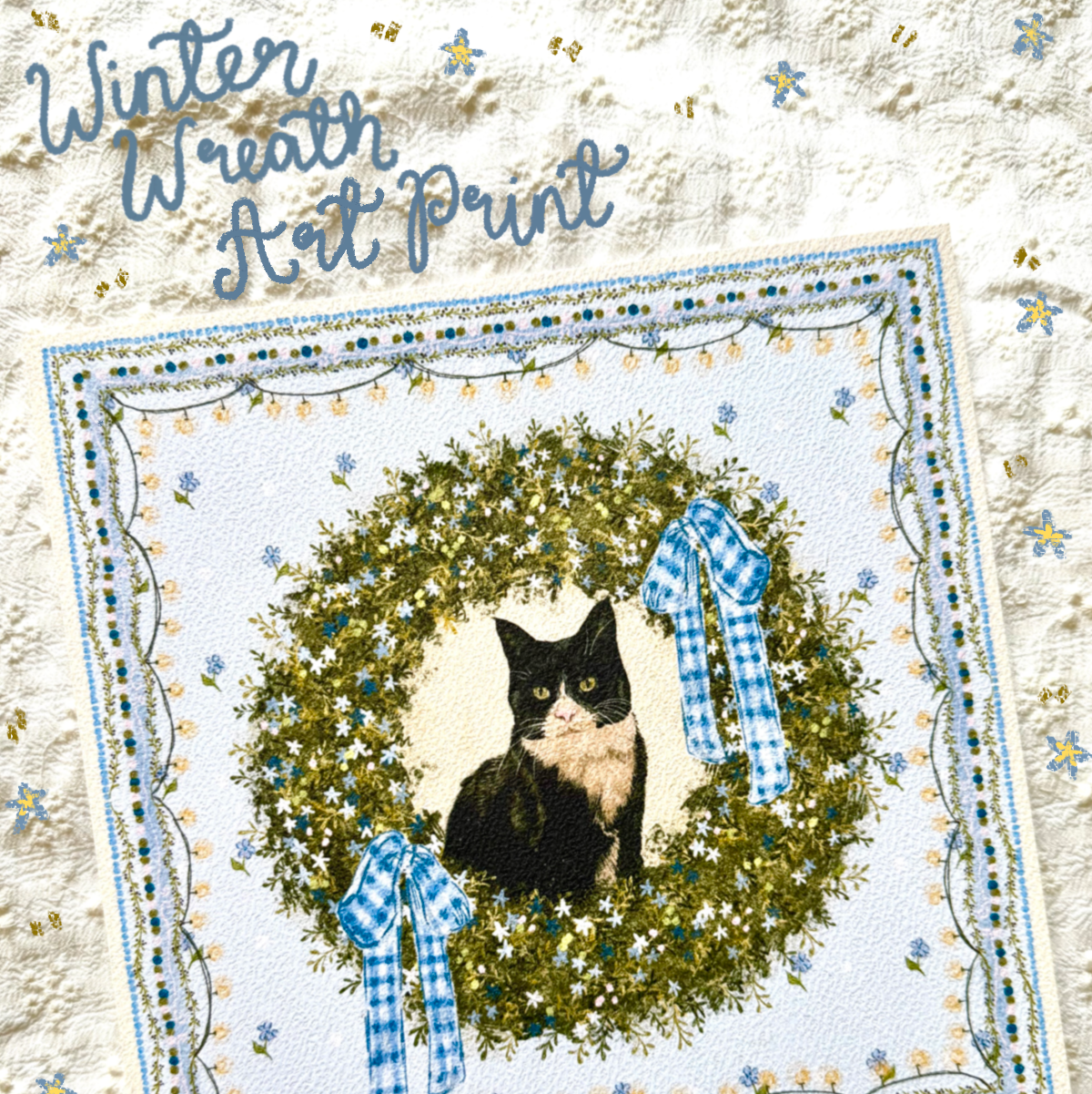 "Winter Wreath" Black & White Tuxedo Domestic Shorthair Cat Christmas Art Print