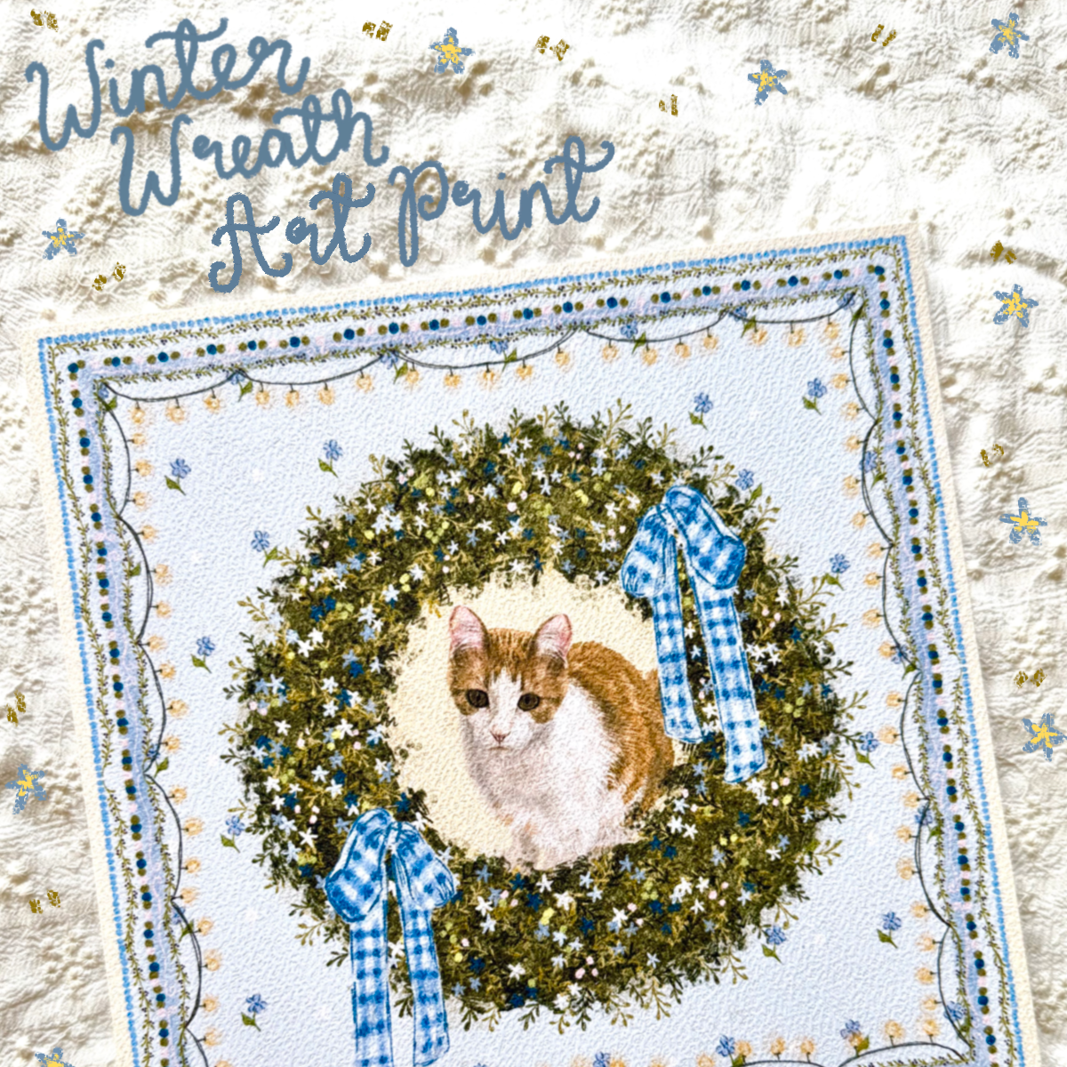 "Winter Wreath" Ginger & White Tabby Domestic Shorthair Cat Christmas Art Print