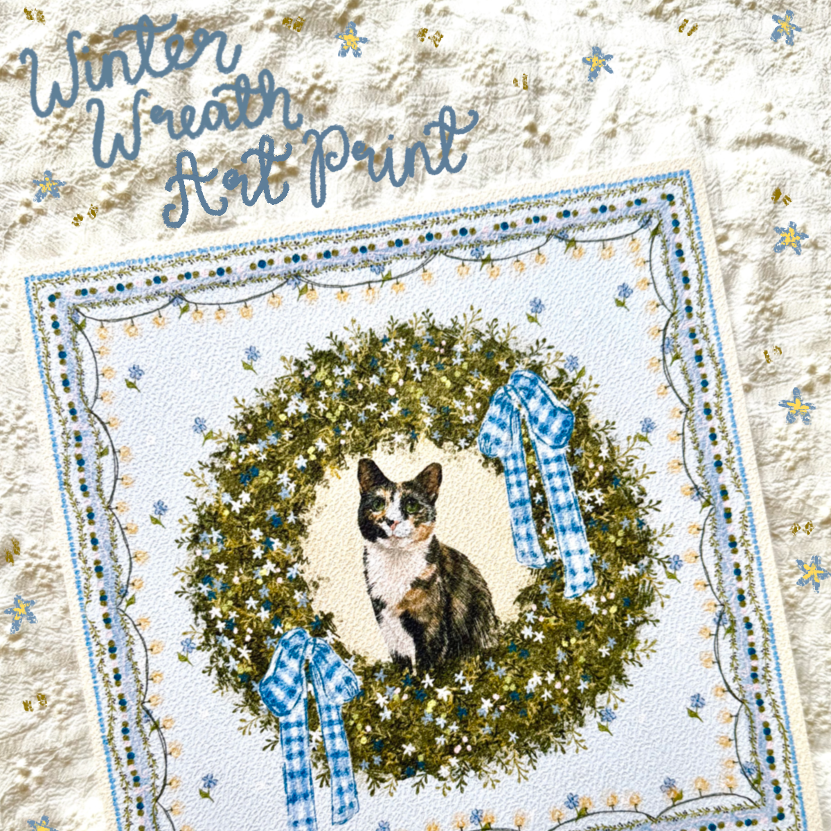"Winter Wreath" Black, White & Orange Calico Domestic Shorthair Cat Christmas Art Print