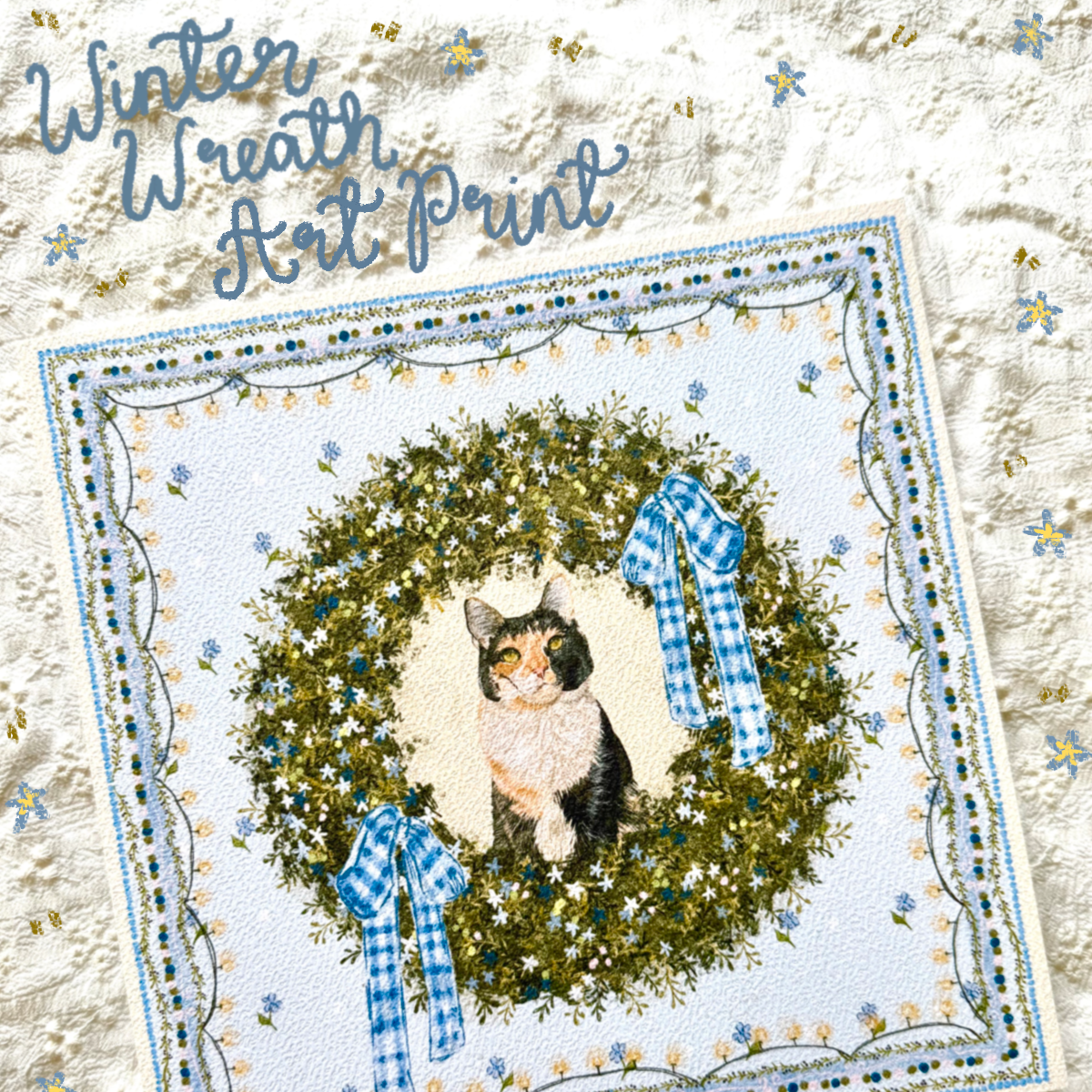 "Winter Wreath" Black, White & Orange Calico Domestic Shorthair Cat #2 Christmas Art Print