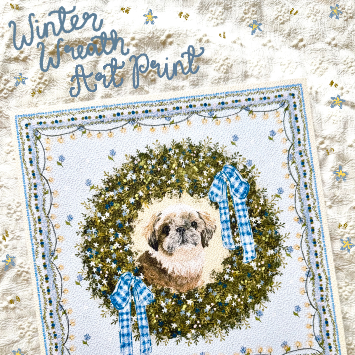 "Winter Wreath" Gold & White Shih Tzu Christmas Art Print