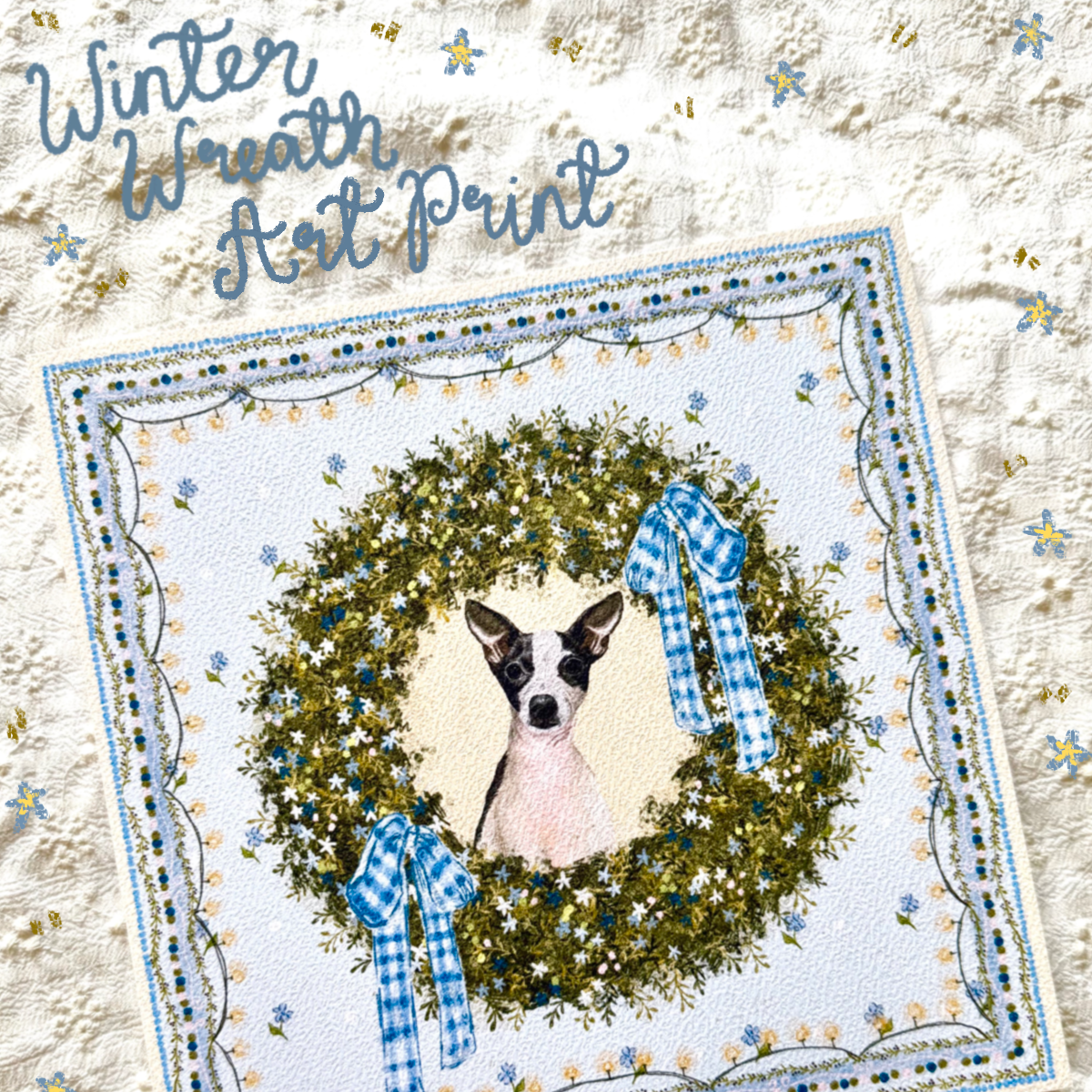 "Winter Wreath" Black & White Smooth-Haired Chihuahua Christmas Art Print