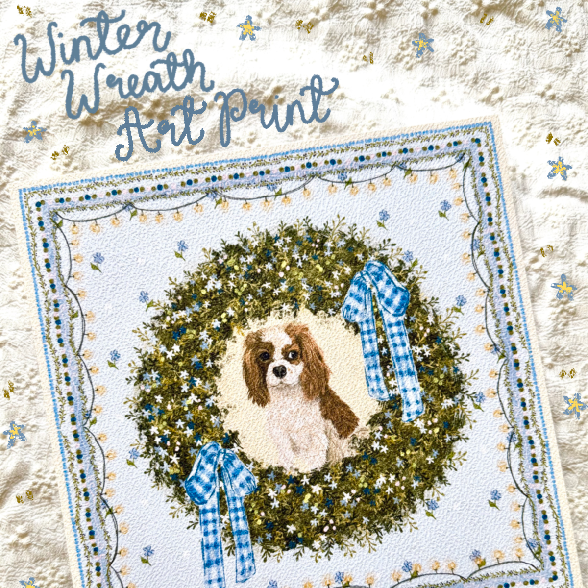 "Winter Wreath" Blenheim Cavelier King Charles Spaniel Christmas Art Print