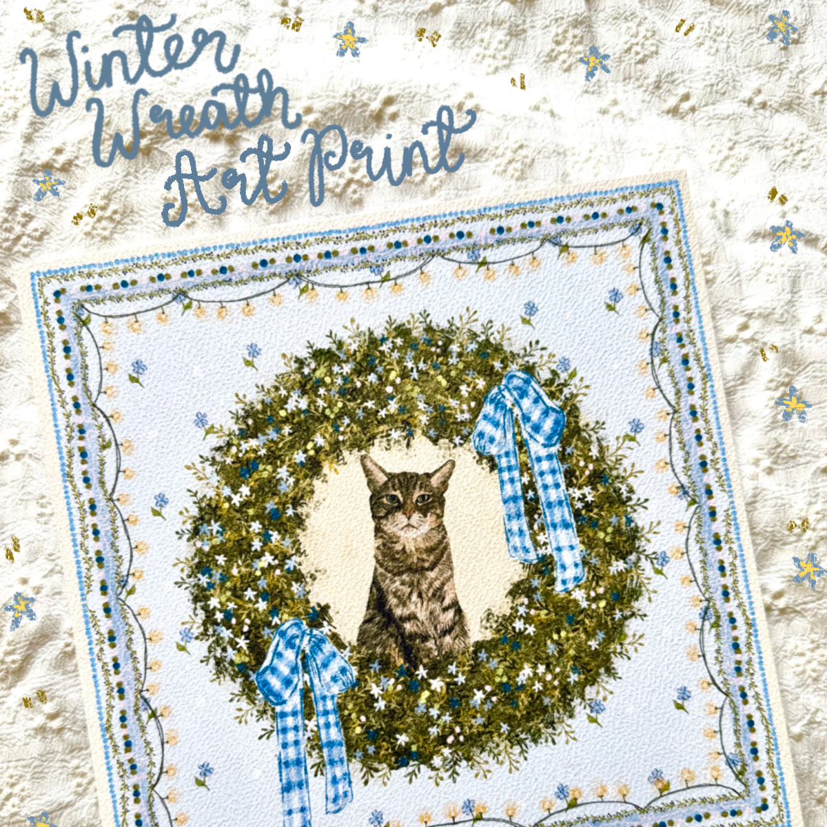 "Winter Wreath" Brown Mackerel Domestic Shorthair Cat #2 Christmas Art Print