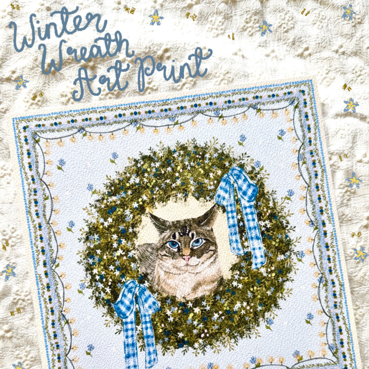 "Winter Wreath" Lynx Point Siamese Cat Christmas Art Print