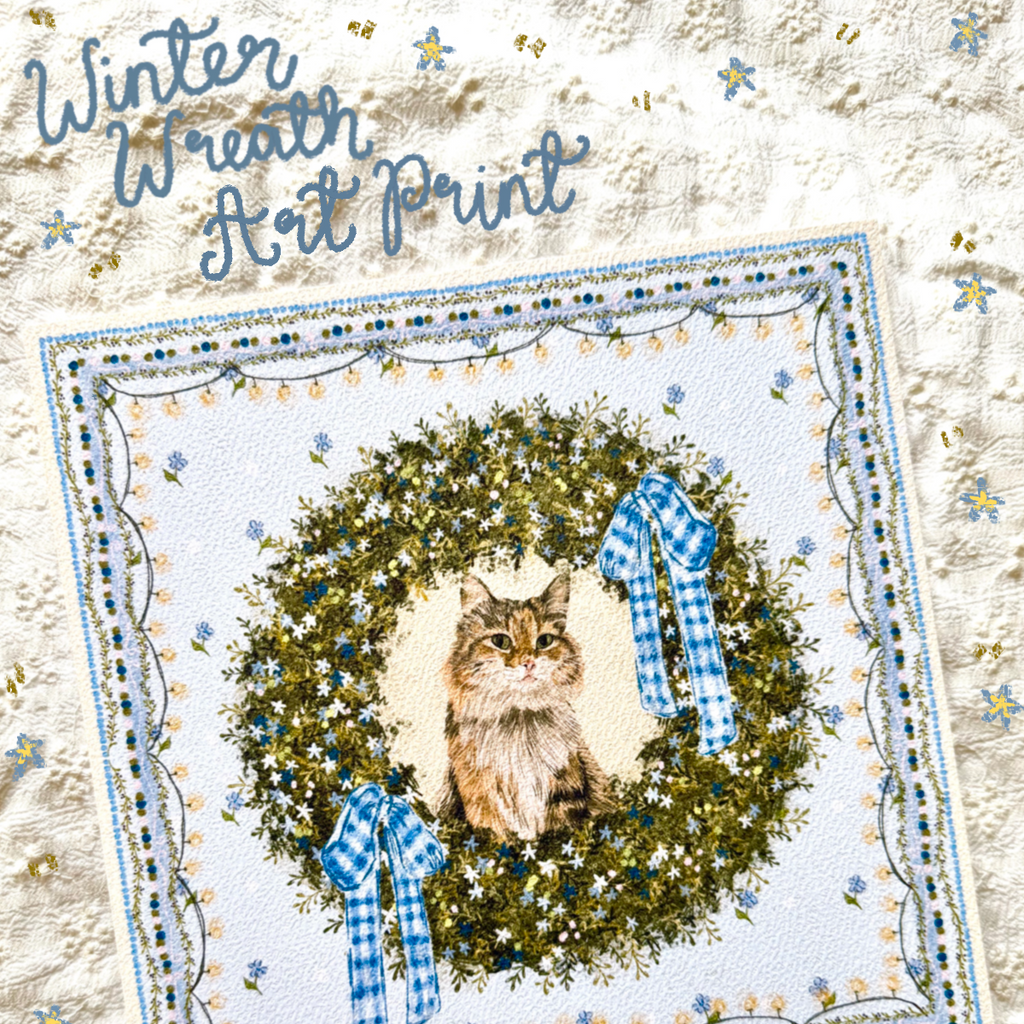 "Winter Wreath" Brown Tabby & White Domestic Long-Haired Cat Christmas Art Print